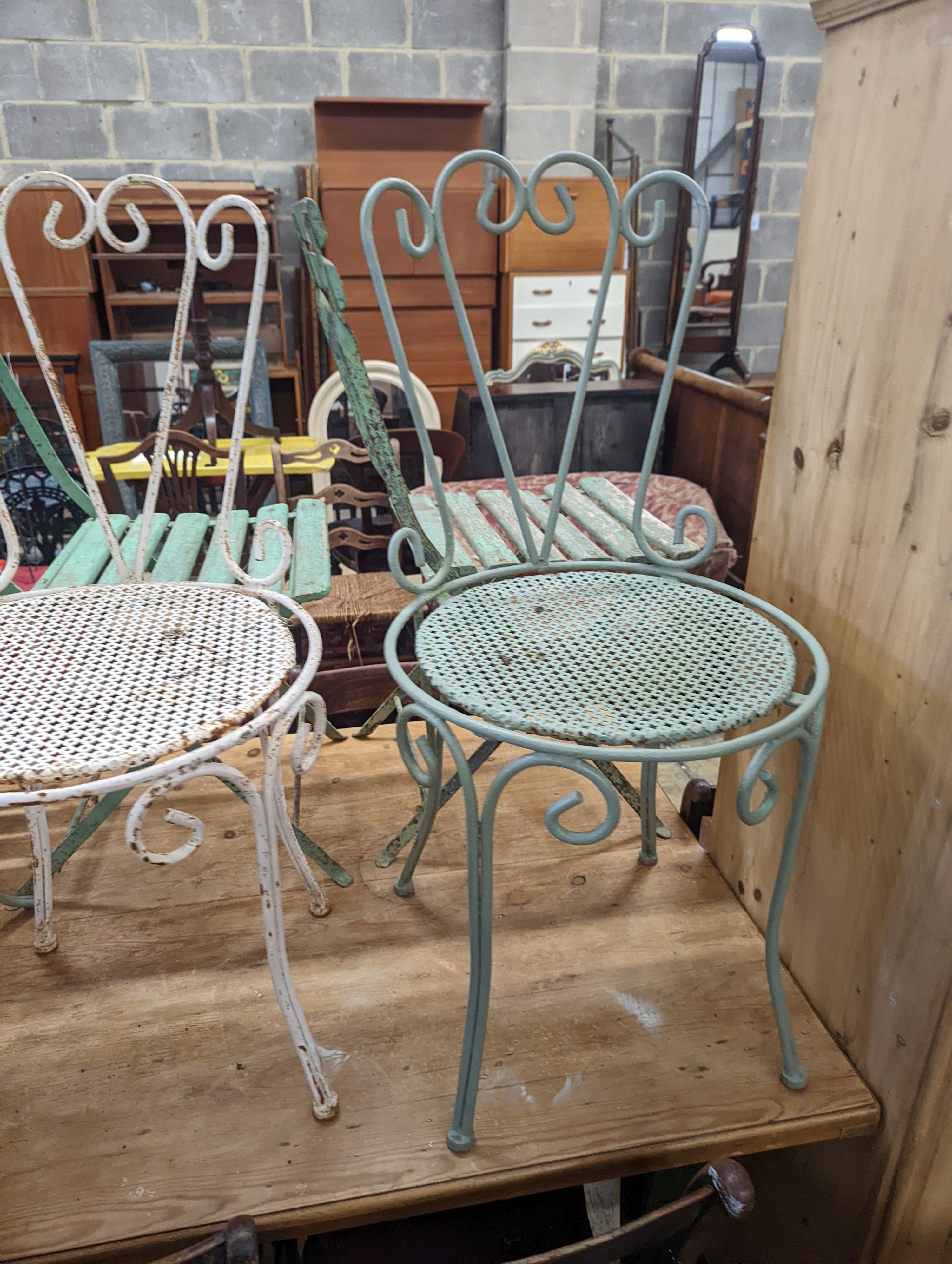 Six painted metal garden chairs